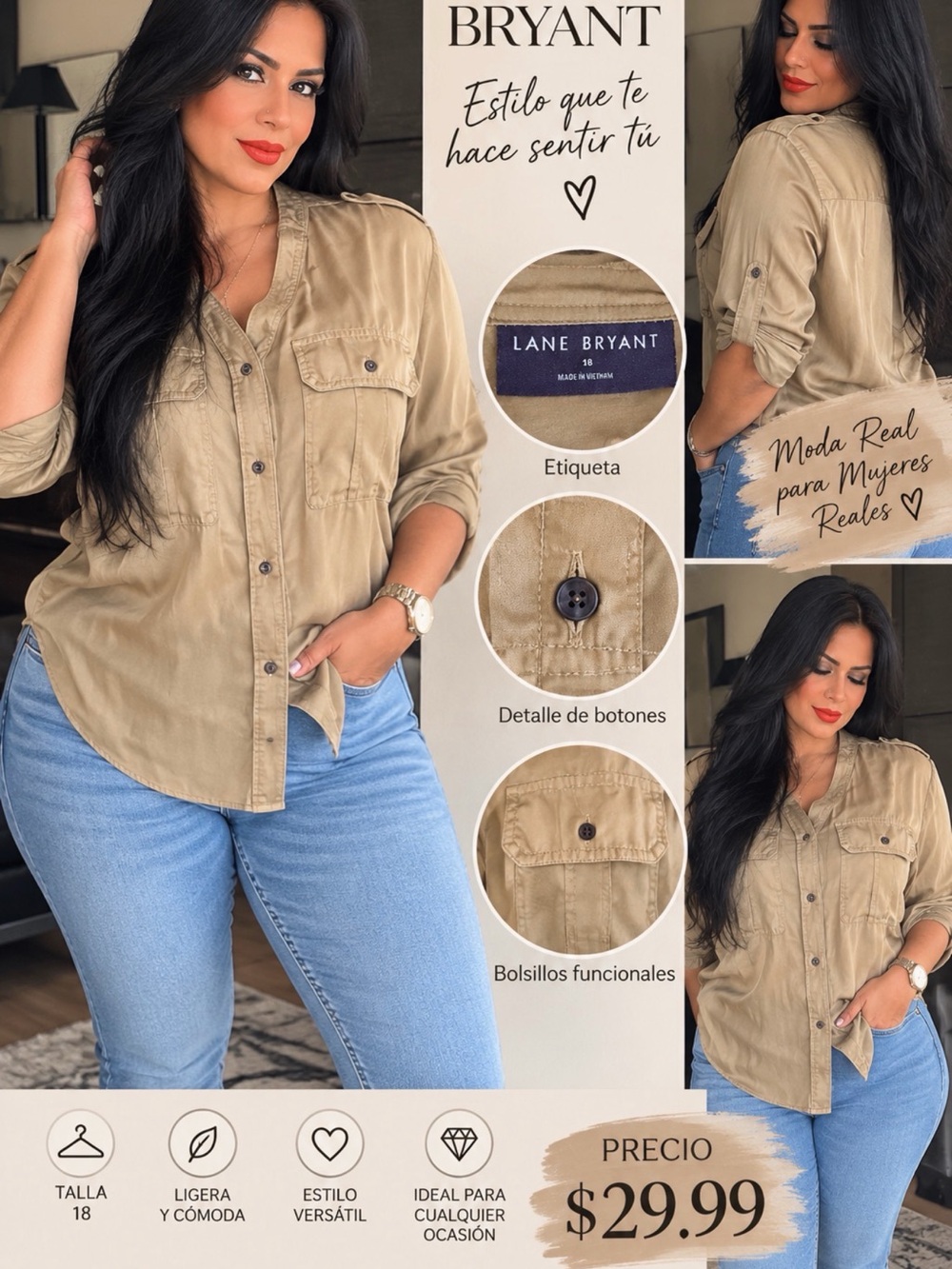 Lane Bryant Tan Utility Button-Up Shirt